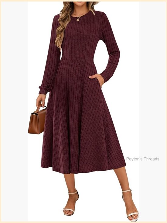 Dresses & Skirts - Long Sleeve Ribbed Knit Midi Dress with Pockets